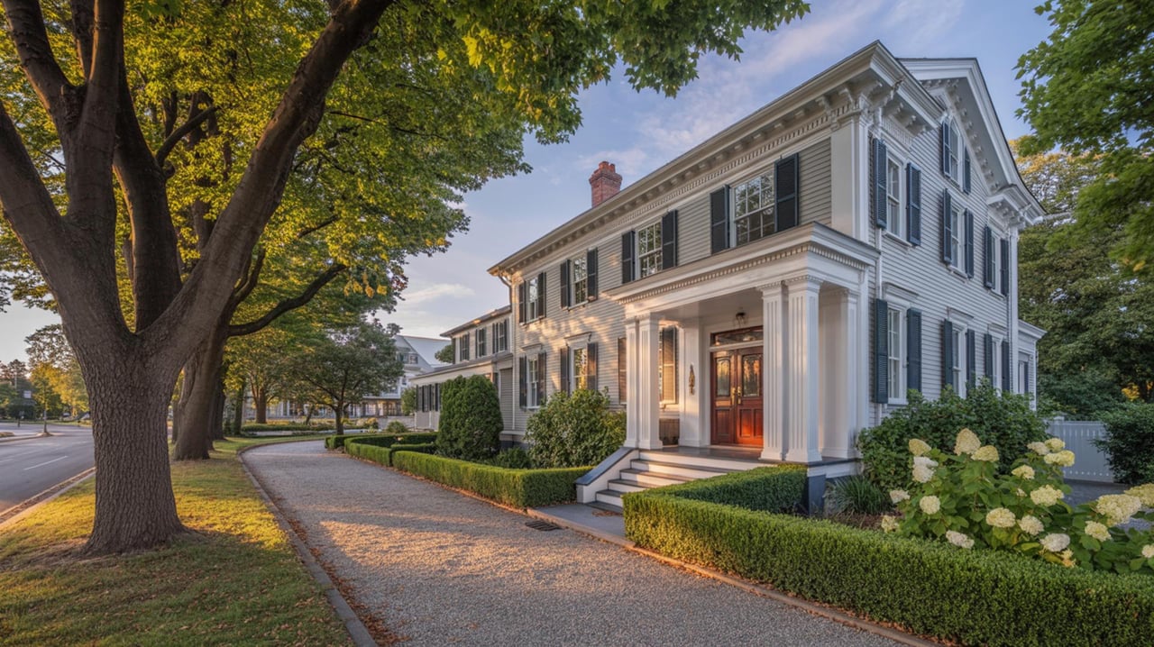 White two-story house with dark shutters, a columned porch, and a curved walkway beneath large trees.
