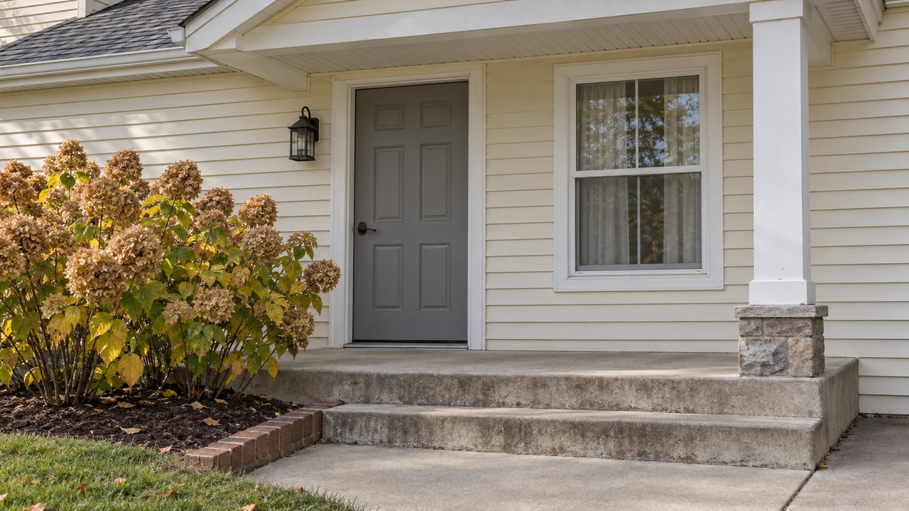Cream-sided home entry with a gray door, white porch column, concrete steps and autumn hydrangea.
