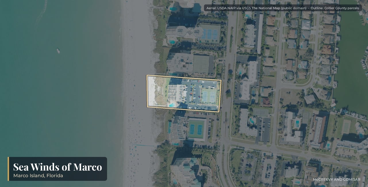 Aerial view of Sea Winds of Marco on Marco Island, Florida, the 1983 beachfront tower at 890 South Collier Boulevard between Sandpiper and The Apollo