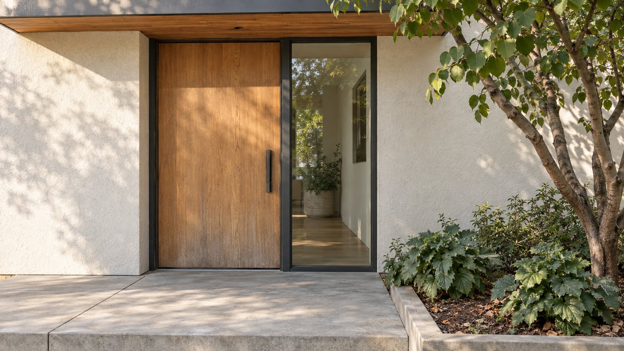 Sunlit oak entry door and tall glass sidelight beside a concrete landing and western redbud planting.