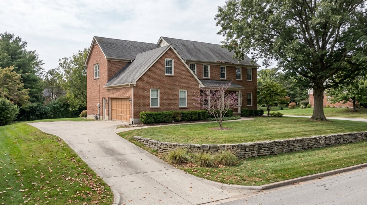 Two-story brick home on a sloped lot, with a curving driveway, stone retaining wall, and mature oak.