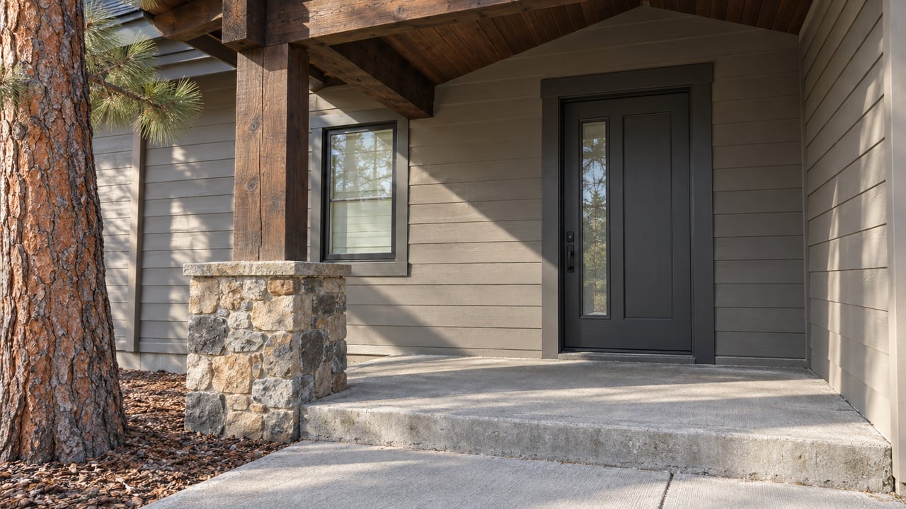 Covered home entry with weathered timber, stone pier, gray siding and a concrete step in autumn sunlight.