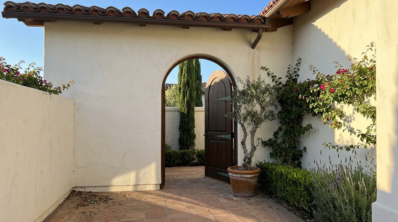 Stucco archway framing a slightly ajar dark wood door, with terracotta pavers, a potted olive tree, and cypress beyond.