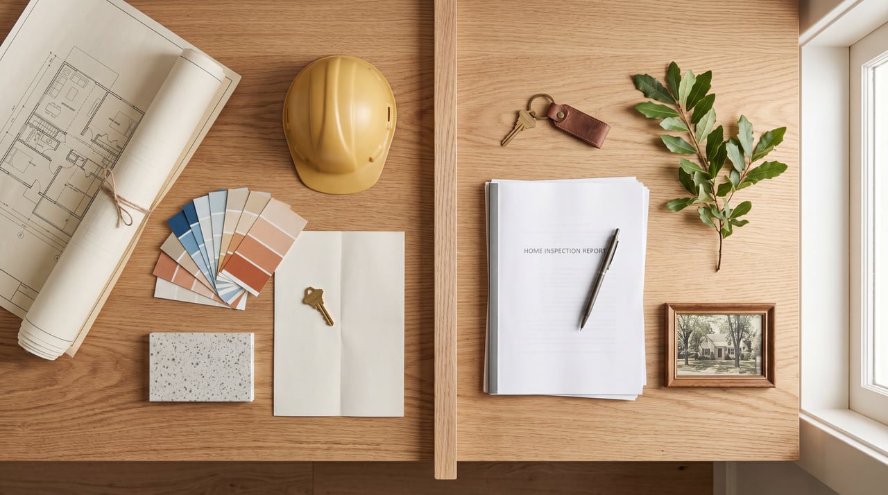 New construction vs resale flat-lay: blueprint, hard hat, and paint swatches beside a Home Inspection Report and keys