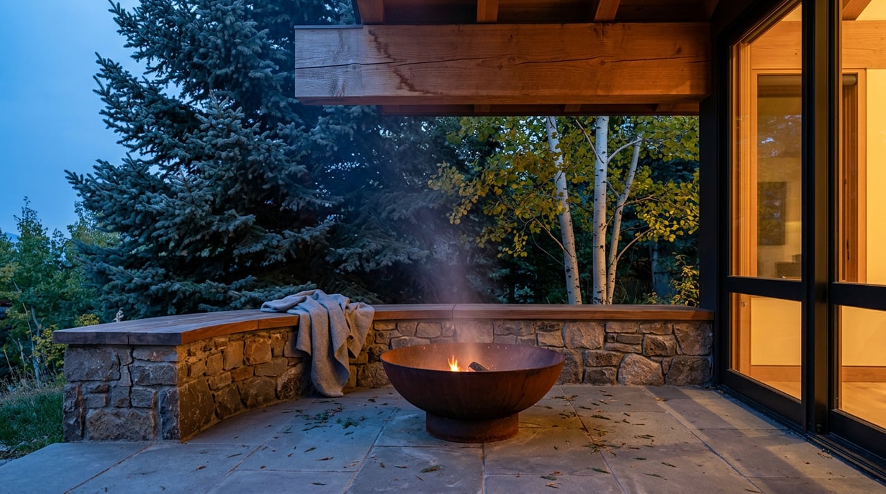 Stone fire bowl glows on a hillside terrace beneath a timber eave, with a fieldstone seat wall and blue spruce.