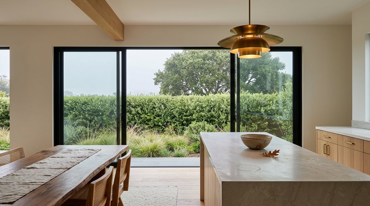 Kitchen island and black-framed glass doors overlook a clipped hedge, mature oak, and terrace.