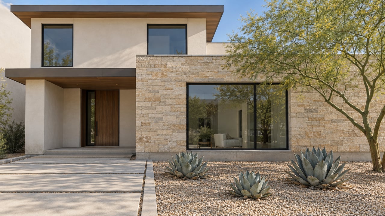 Contemporary desert home with ivory stucco, buff limestone, black-framed windows and a concrete approach beside sculptural desert planting.