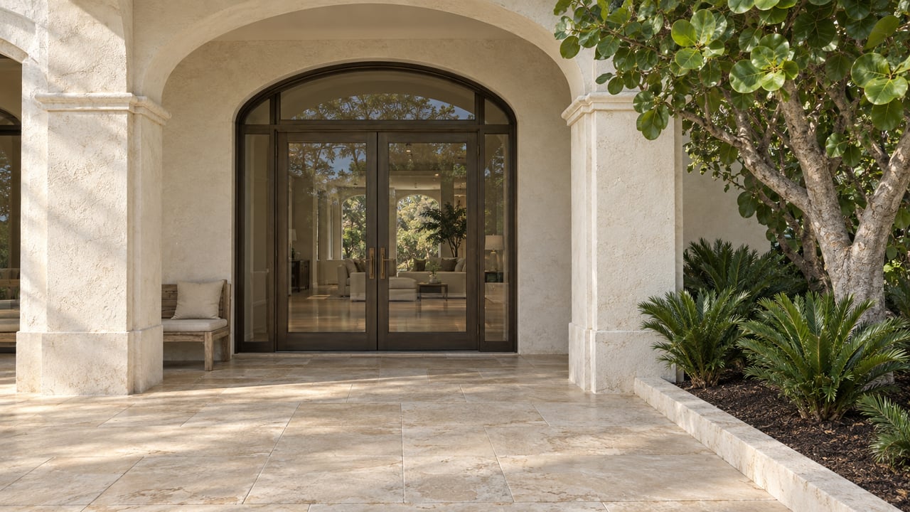 Ivory stucco estate arcade with bronze-framed glass doors, worn limestone paving and a sea grape tree beside a raised planting bed.