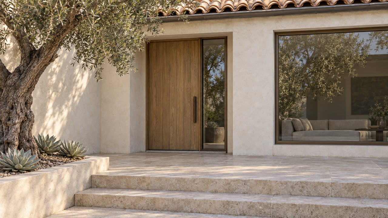 Sunlit ivory stucco entrance with an oak door, bronze-framed windows, limestone steps, and a sculptural olive tree.
