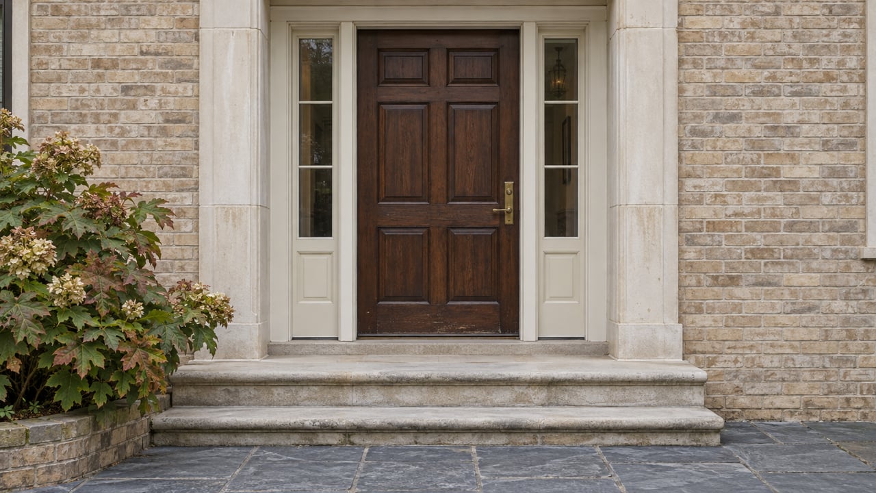 Walnut-paneled front door with glazed sidelights, limestone steps, and an oakleaf hydrangea beside buff brickwork.