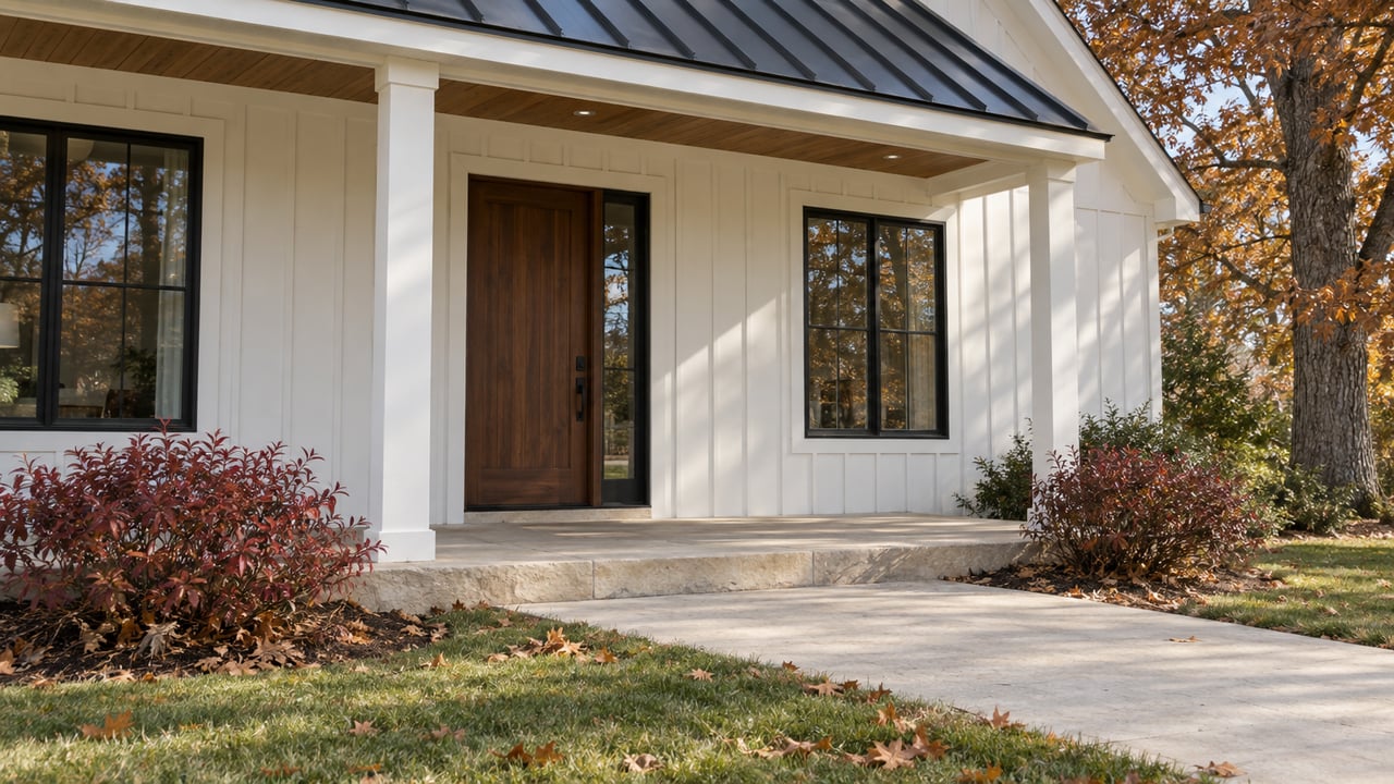 White farmhouse porch with a walnut door, limestone steps, and russet oak leaves beside the walk.