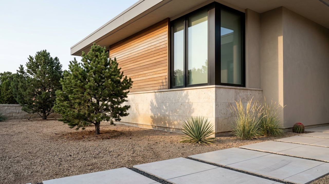 Contemporary home with stone base, cedar slats, and a pinyon pine shadow across the facade.