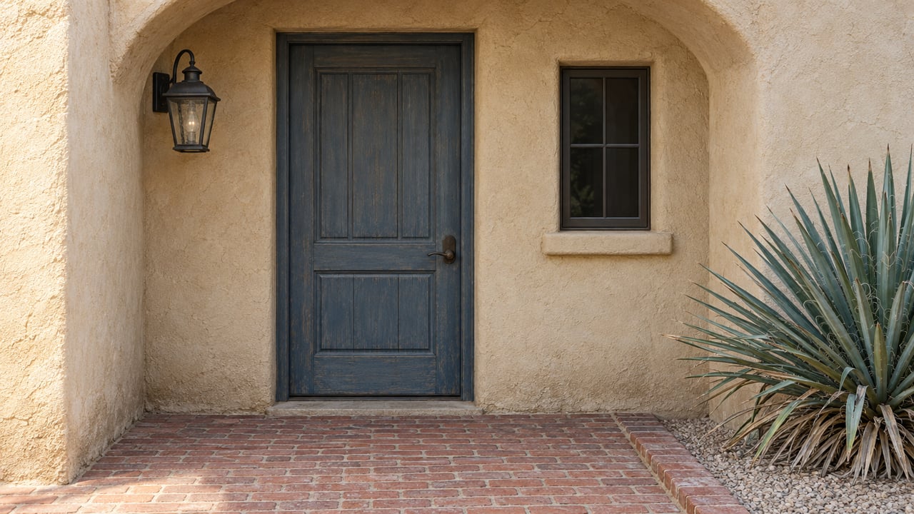Sandy stucco arched entry with a weathered blue-gray door, red brick landing and a single blue-green yucca beside the approach.