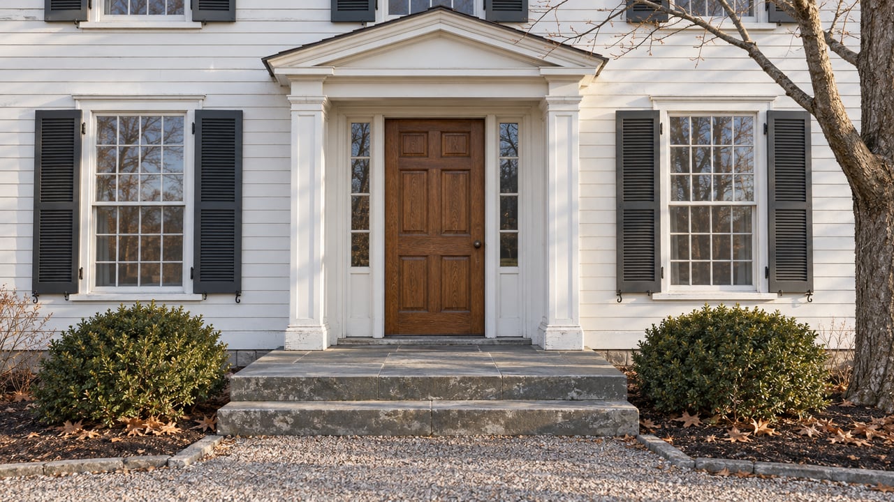 White clapboard house entry with a brown oak door, paired sash windows, bluestone steps and a leafless sugar maple in early winter light.