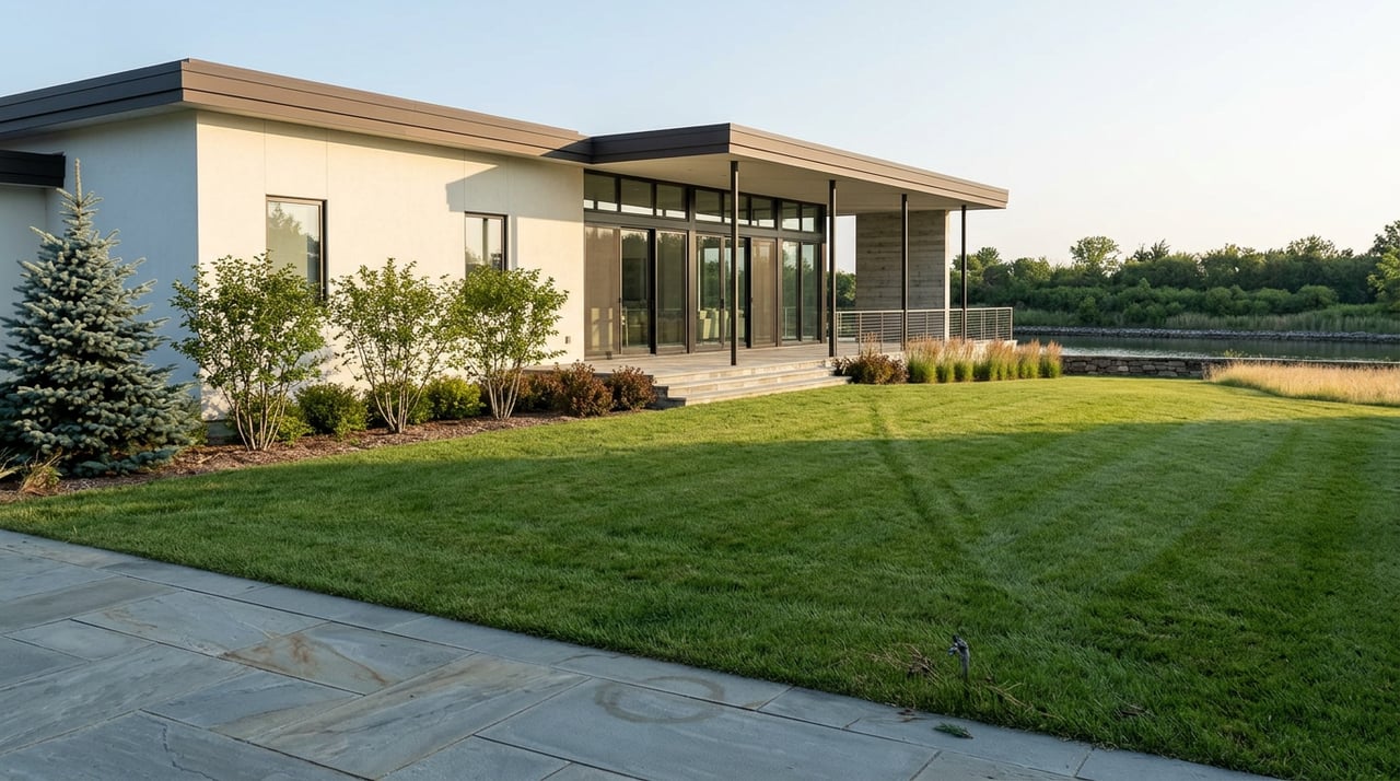 Modern estate overlooking still water, with a broad lawn, stone terrace, and planted shoreline.