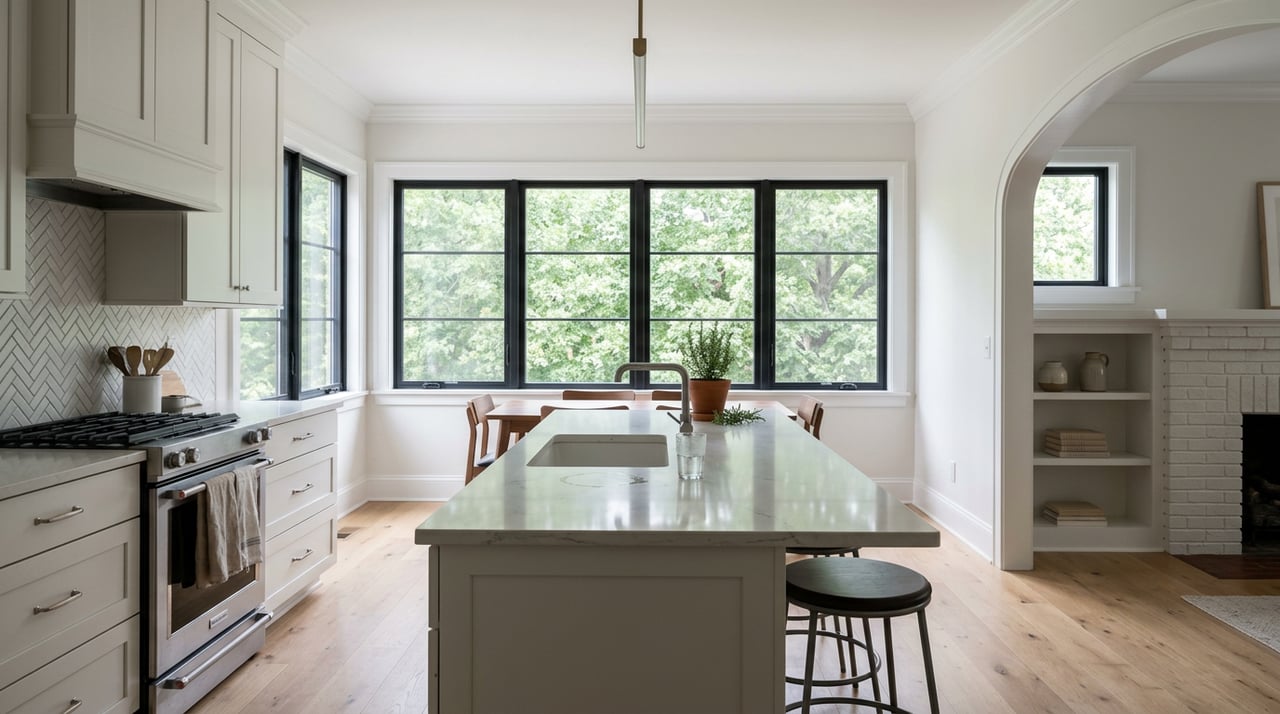 Kitchen with veined quartz island, white shaker cabinets, and arched opening to adjoining living room.