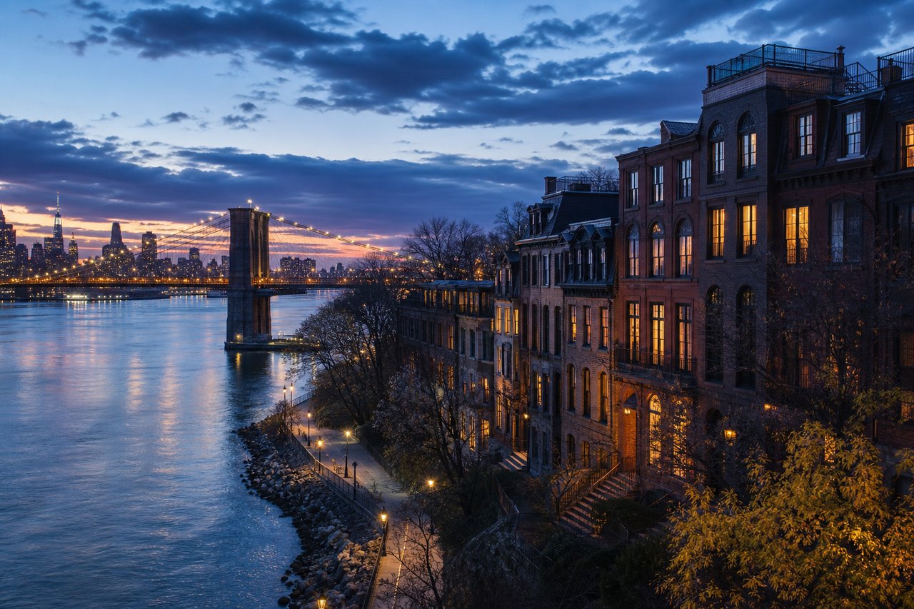 Brick waterfront townhouses overlook the East River, Brooklyn Bridge, and Manhattan skyline at dusk.