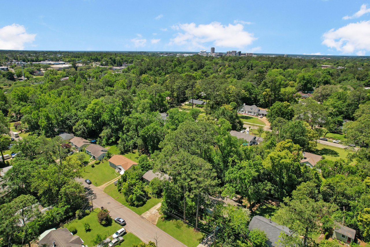 An aerial view of the Capital Hills neighborhood, showing houses, streets, and abundant greenery.