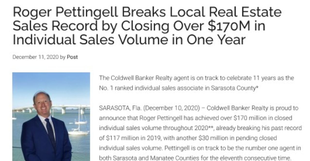 Roger Pettingell Breaks Local Real Estate Sales Record by Closing Over $170M in Individual Sales Volume on One Year