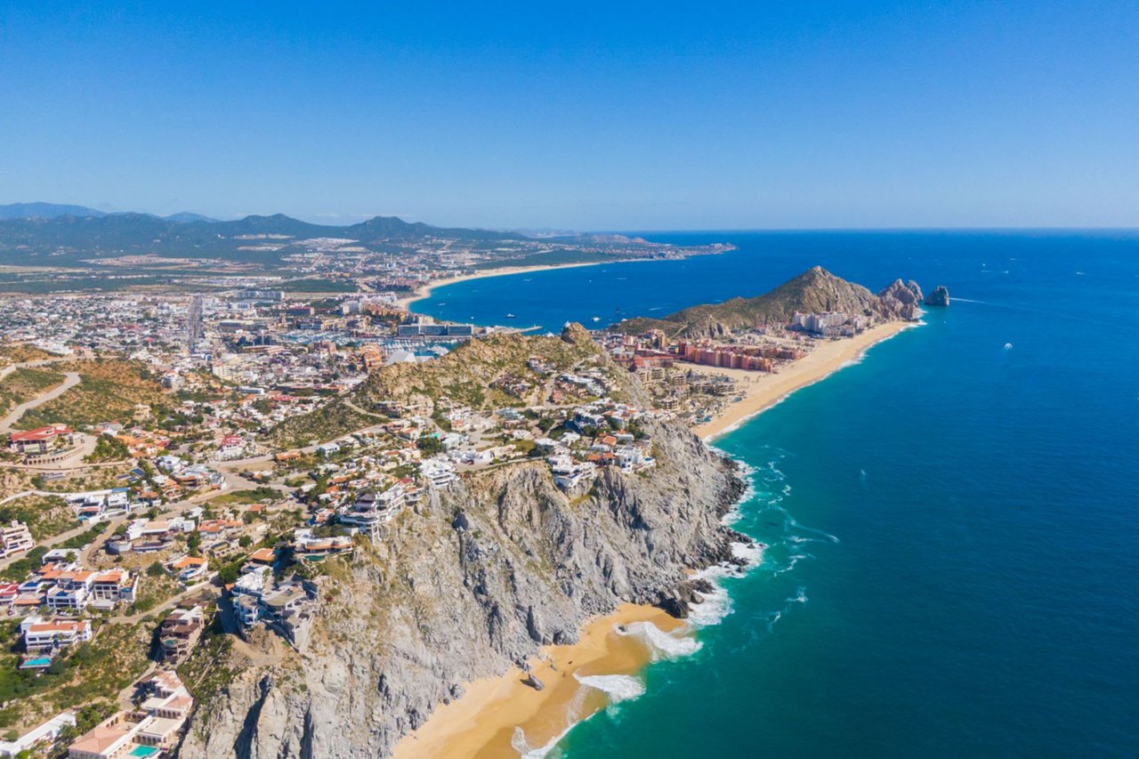 View of Pedregal residences and Pedregal beach in Cabo San Lucas, Mexico