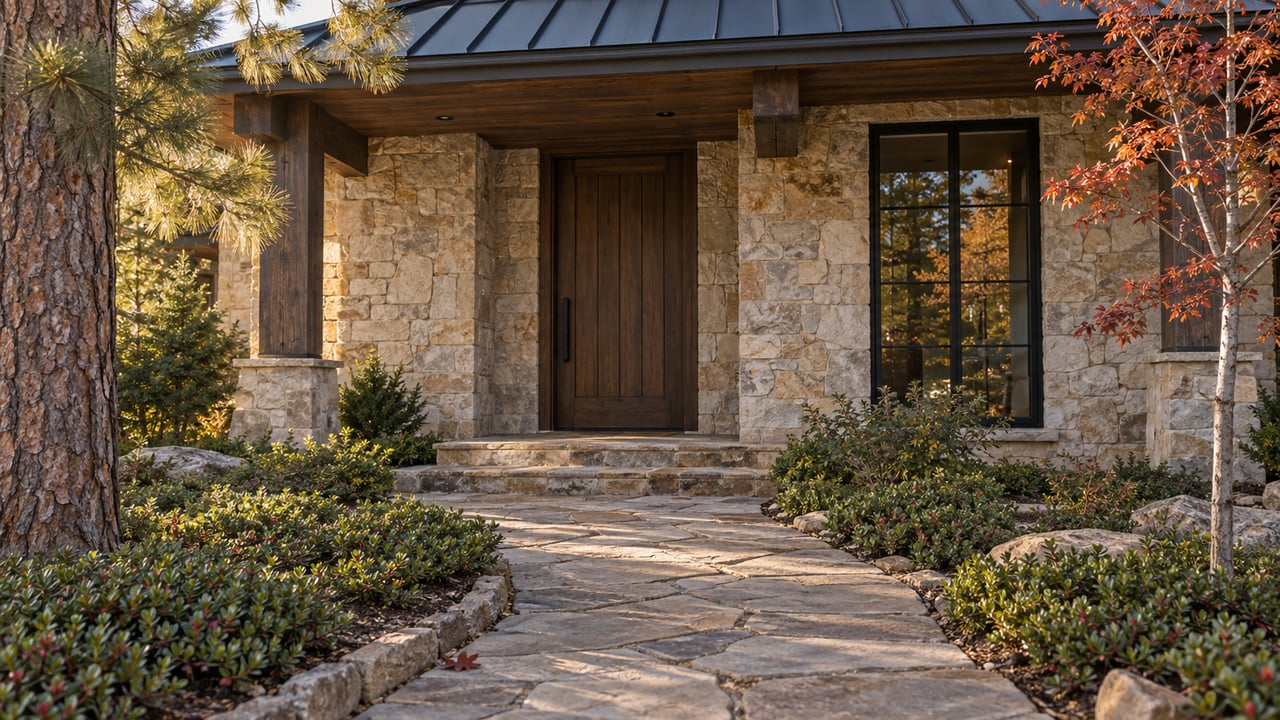 Stone house entry with a dark oak door, black-framed window, flagstone walk, and autumn leaves