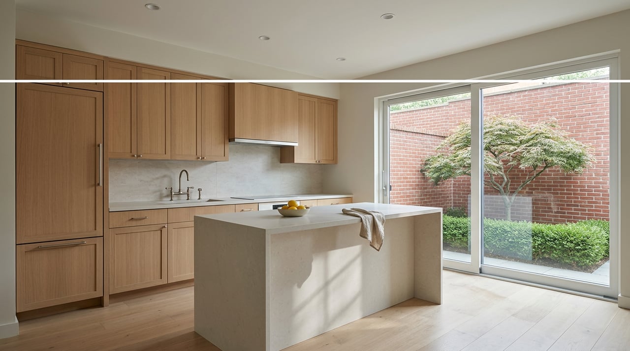 Oak-cabinet kitchen with a quartz waterfall island, opening onto a walled garden with a Japanese maple.