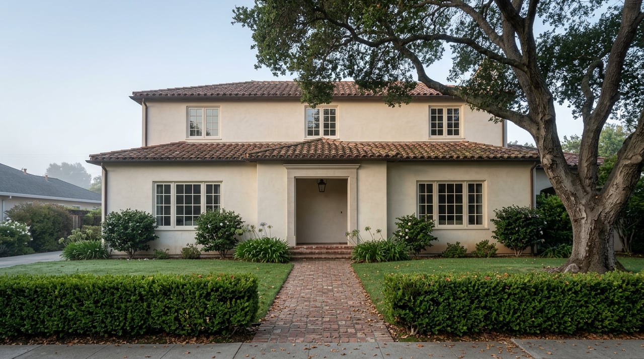 Two-story stucco house with a tiled roof, shaded porch, brick path, and mature oak tree over the lawn.