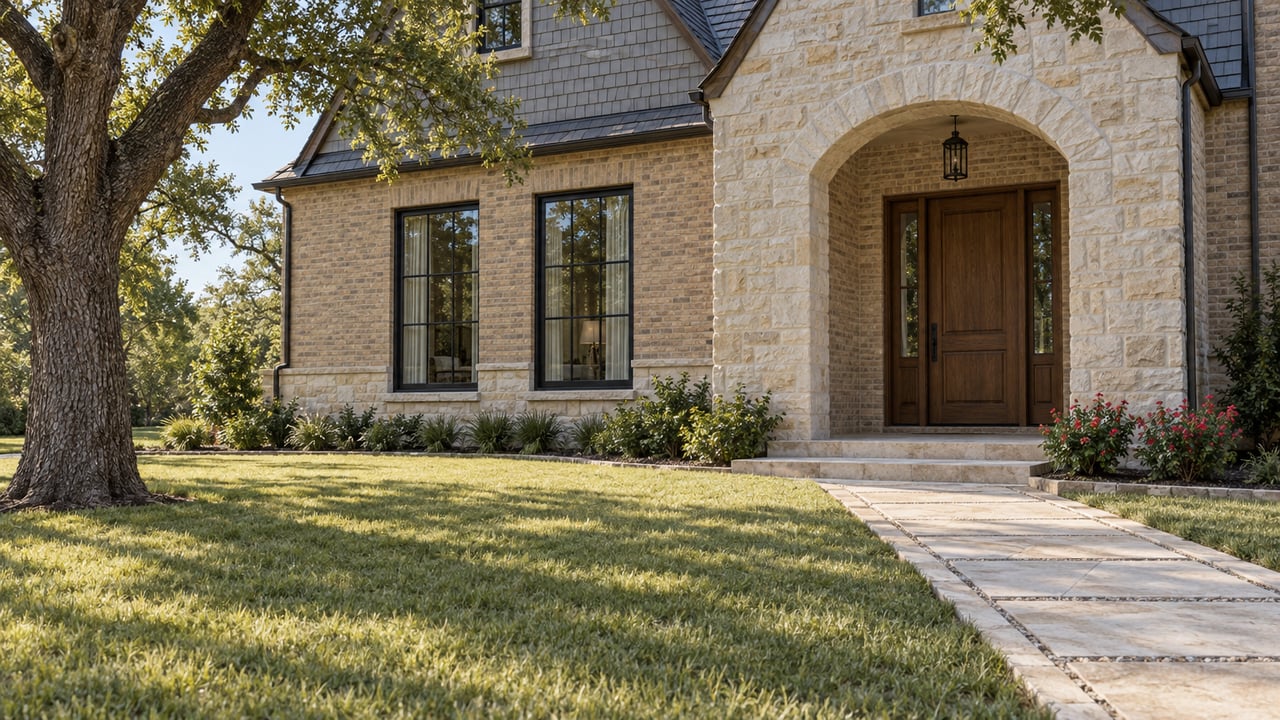 Morning light on a limestone-and-brick home with an arched entry, deep lawn and spreading live oak.