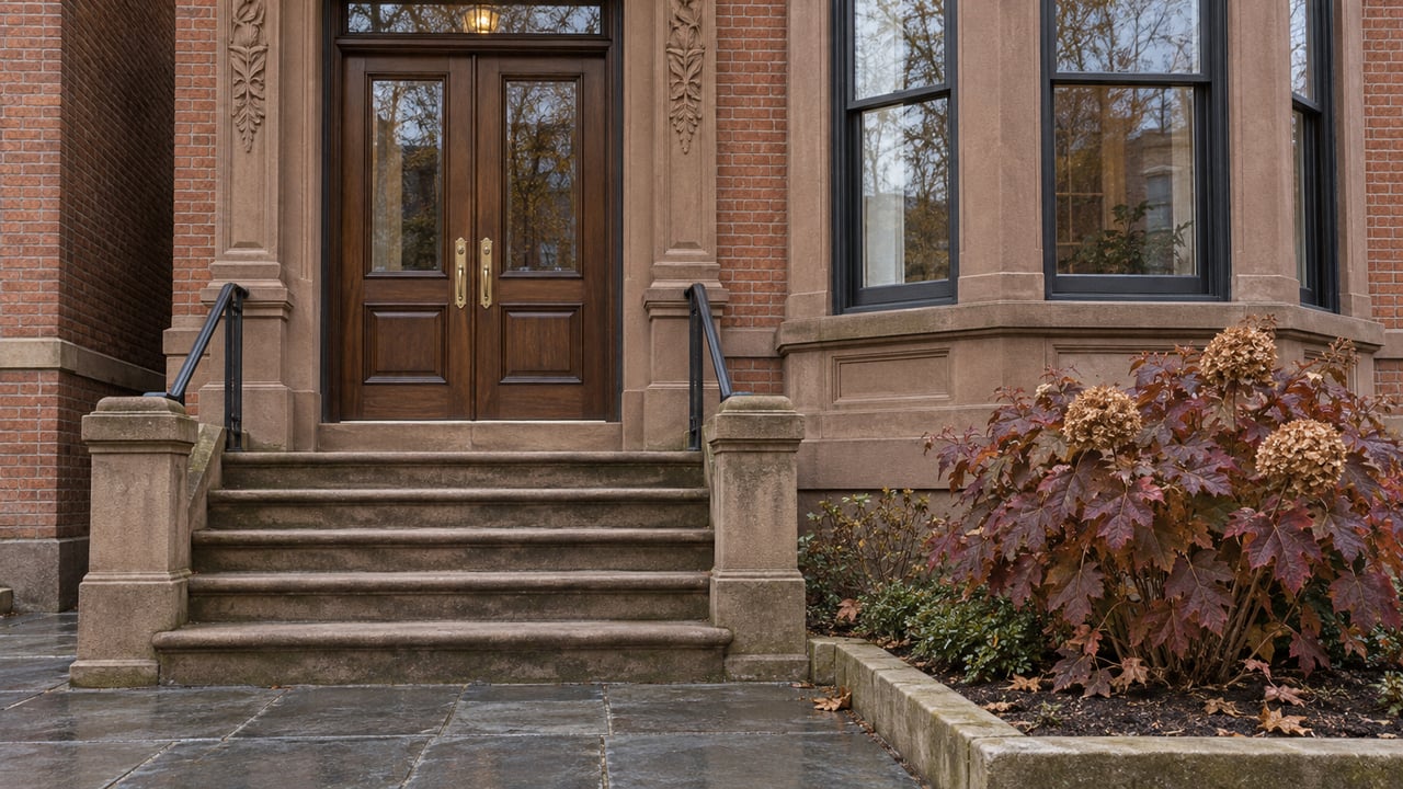 Weathered sandstone stoop and walnut double doors beside a brick bay window, with burgundy oakleaf hydrangea in a raised bed.