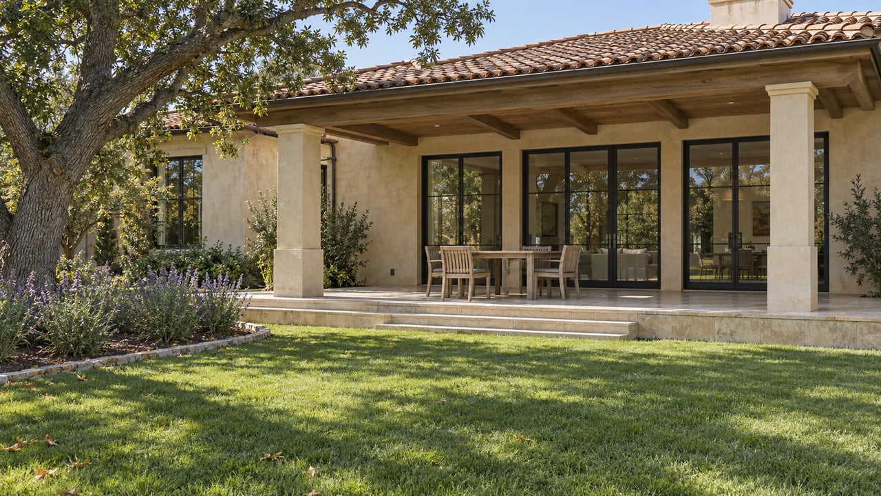 Sunlit sand-stucco home with clay-tile roof, covered limestone terrace, broad lawn and a mature oak.