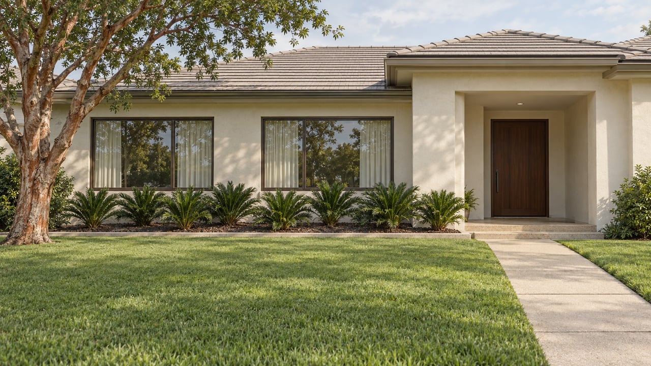 Cream stucco home with bronze-framed windows, a recessed entry, a deep lawn and a copper-barked tree beside a concrete front walk.