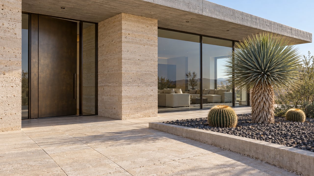 Low view across a limestone entrance landing toward a bronze door and glazed living room, beside a raised basalt-gravel bed with a sculptural yucca and two barrel cacti.