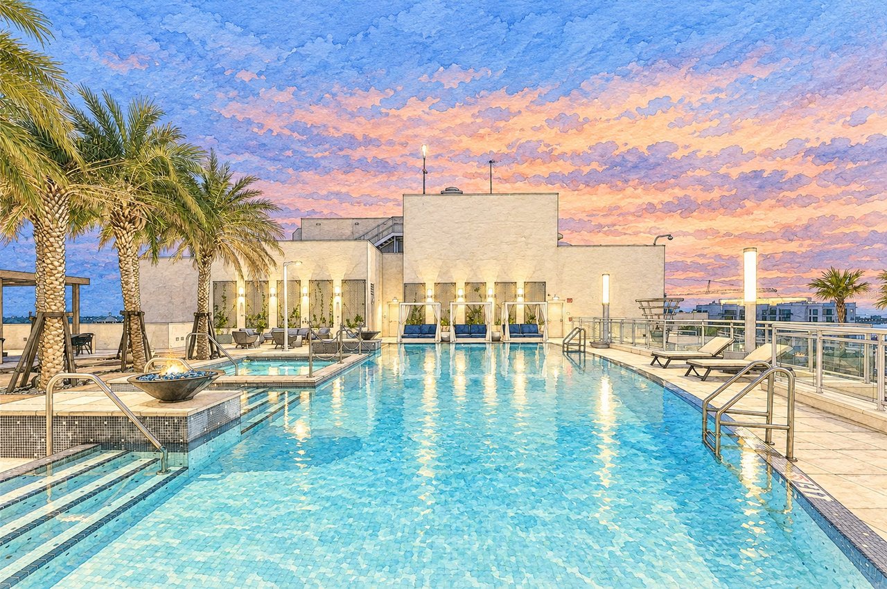 Rooftop pool at BLVD Sarasota with palm trees and lounge chairs at sunset.