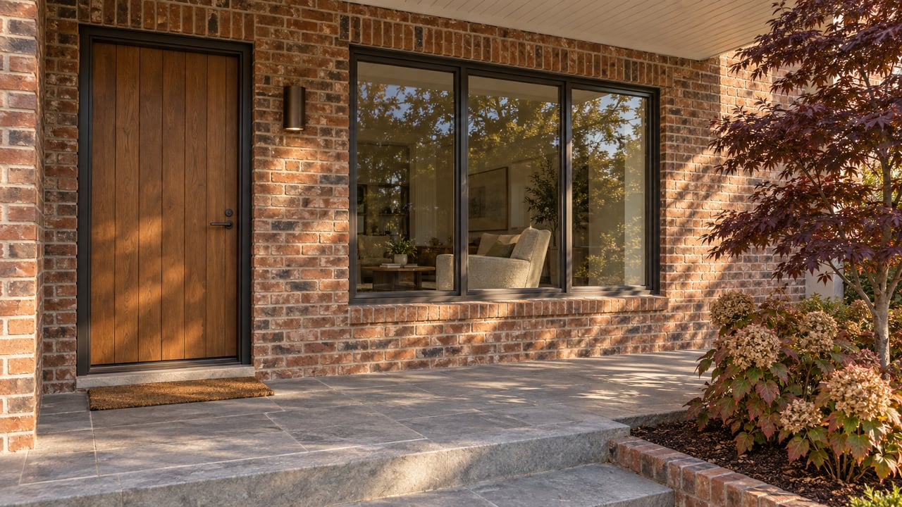 Covered brick entry with an oak door, charcoal-framed window and limestone porch beside burgundy maple leaves and autumn hydrangeas.