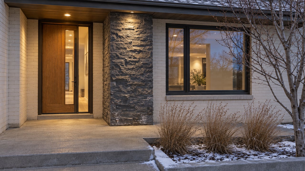A sheltered brick-and-stone home entry glows at blue hour, with a cleared concrete porch and light snow beside dormant prairie grasses.