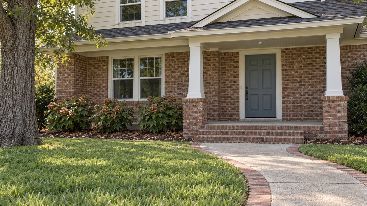 Brick and cream-sided home with a covered entrance, brick steps, a broad green lawn and oakleaf hydrangeas.