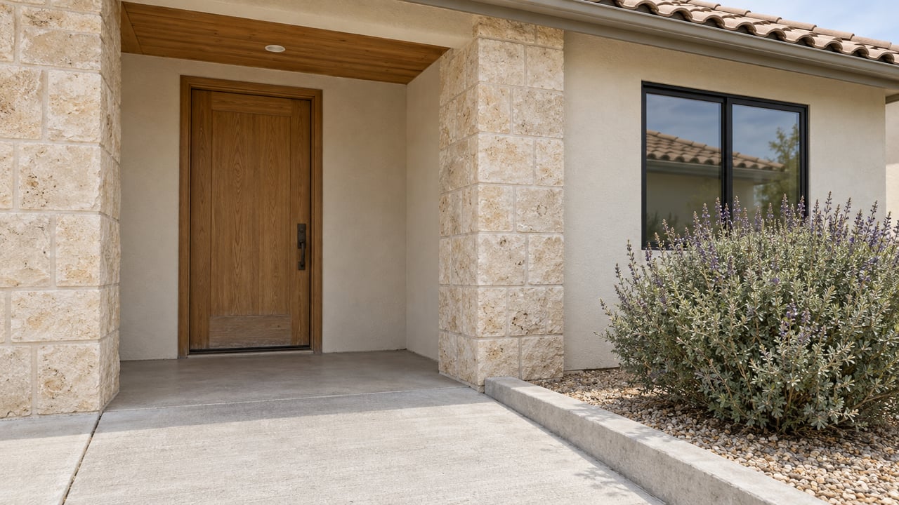 A sheltered oak entry beside a black-framed window, with pale stucco, limestone piers, a concrete approach, and a raised bed of Cleveland sage.