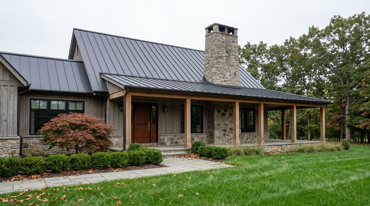 Timber-and-stone home with a wraparound porch, stone chimney, red-bronze maple, and paver walkway across a deep lawn.