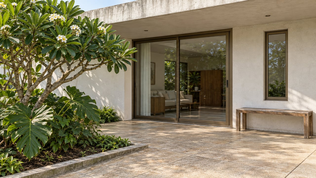 Elevated view of a warm-white concrete home with a shaded glass doorway, weathered teak bench, and tropical planting beside a sand-colored terrace.