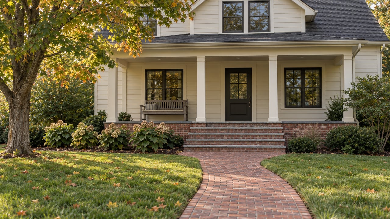 Brick garden walk crosses a deep lawn toward a covered porch on an ivory-sided home beneath an amber-tinged maple.