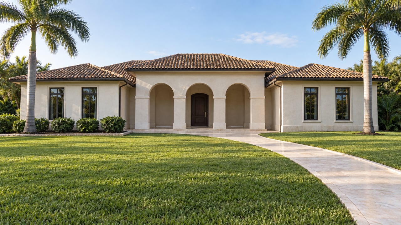 An ivory stucco estate with an ochre tile roof and arched entry beyond a broad lawn, framed by two mature royal palms.