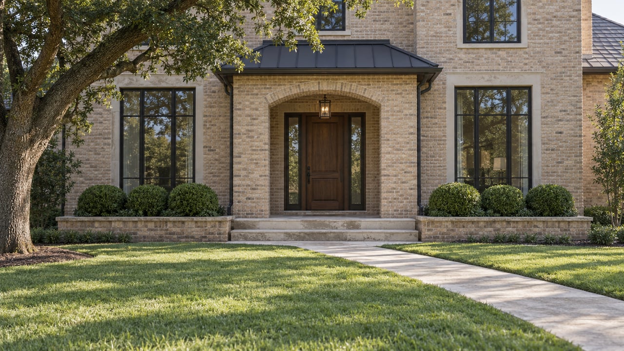Tan-brick home with an arched recessed entrance, black-framed windows, limestone steps, and a deep green front lawn.