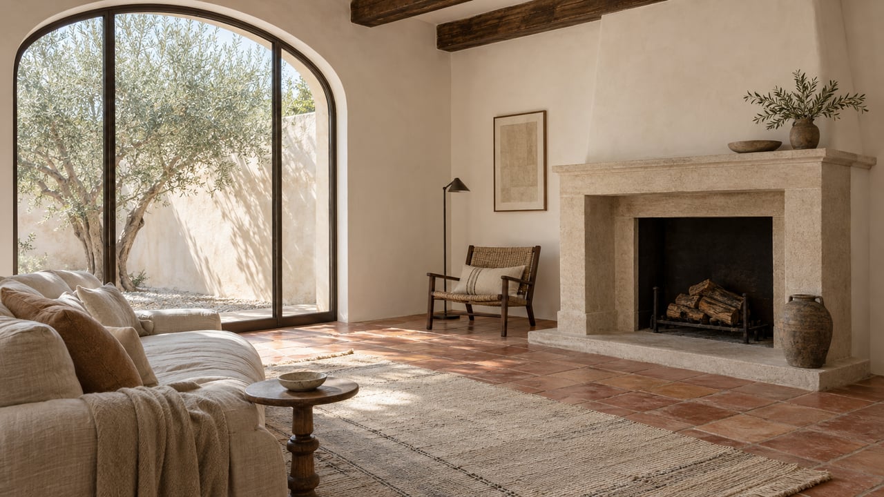 Sitting room with a glazed arched window, terracotta floor, linen sofa, and limestone fireplace.