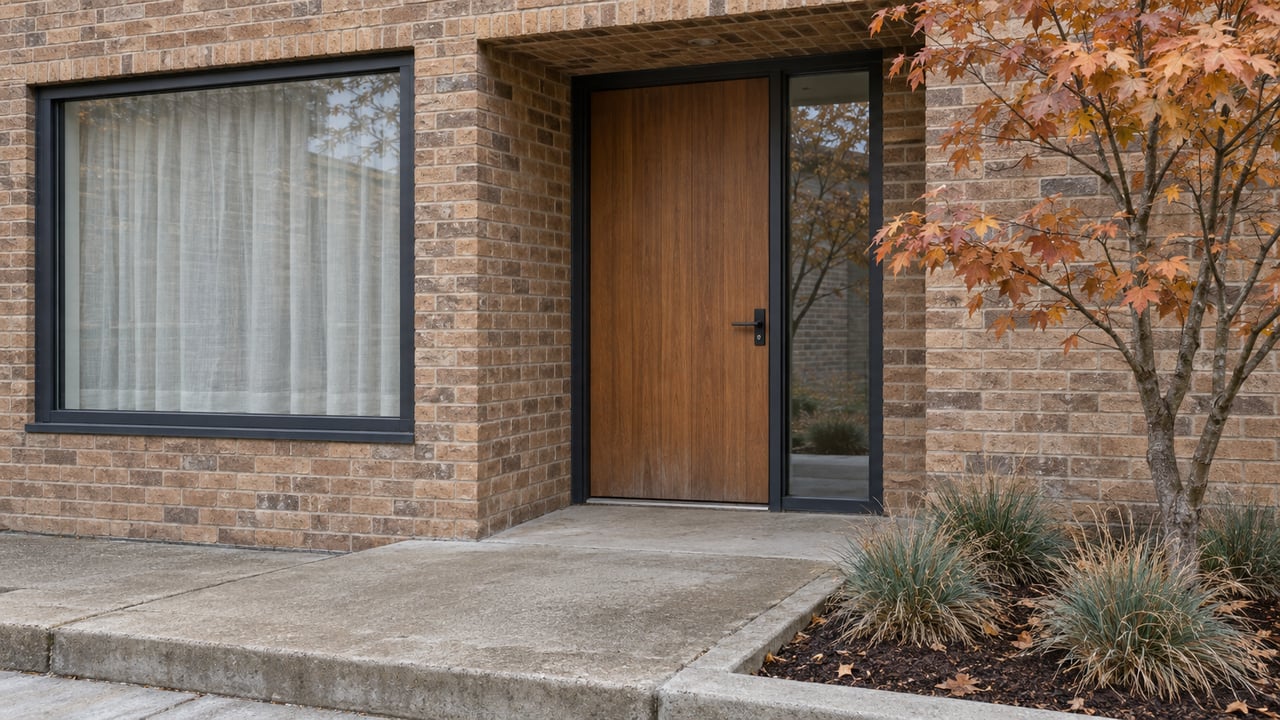 Brick condominium entrance with a warm wood door, charcoal-framed glazing, concrete landing, and copper-leaved maple.