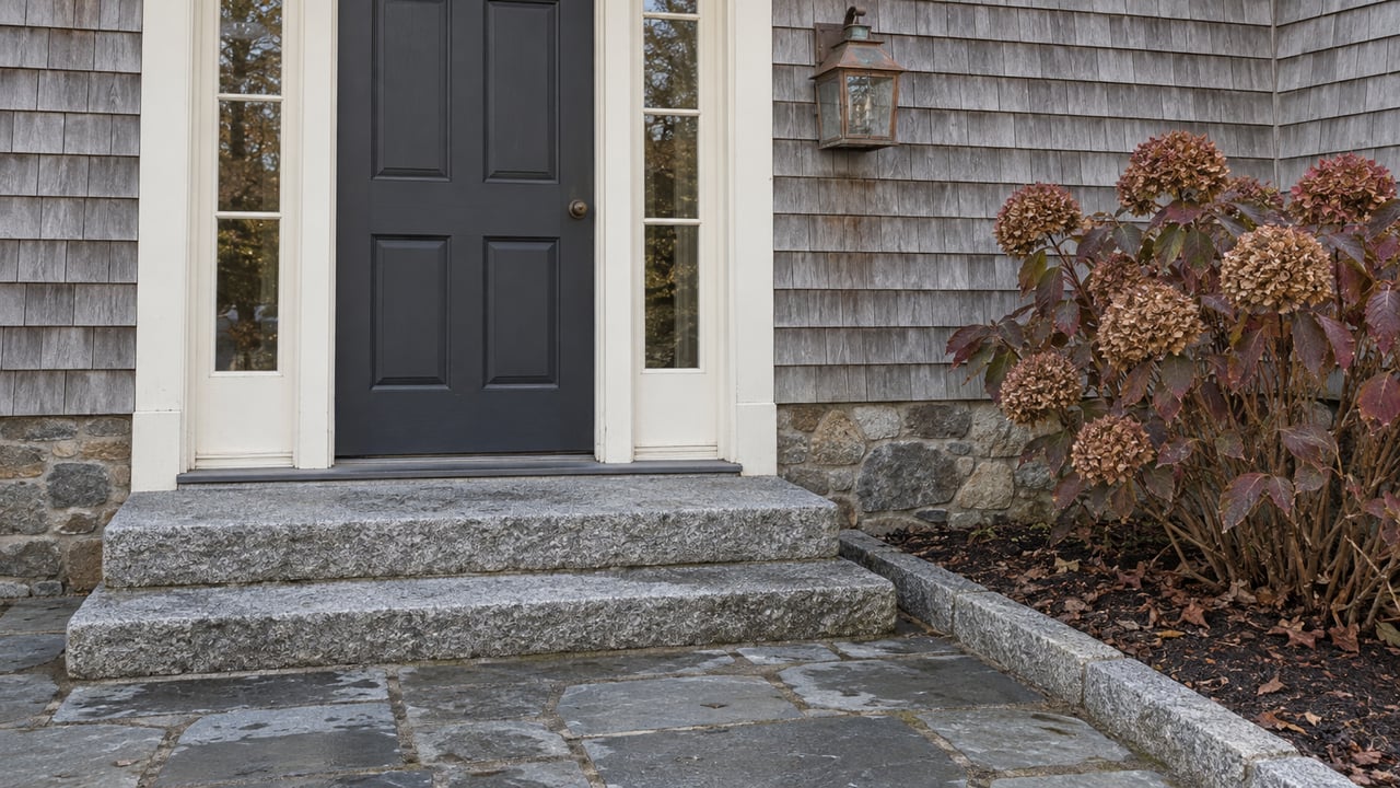 Weathered cedar-shingle entry with a charcoal door, matching sidelights, granite steps and a hydrangea with dried autumn blooms.