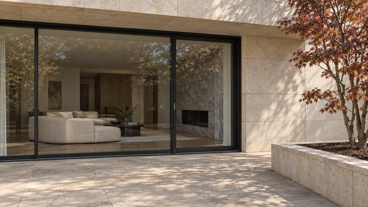 Sunlit limestone condominium facade with black-framed glass doors, a stone terrace, and one autumn maple in a raised planter.