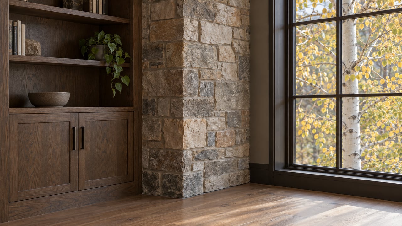 Oak built-in cabinet beside a ledgestone pier and gridded window framing a yellowing aspen.