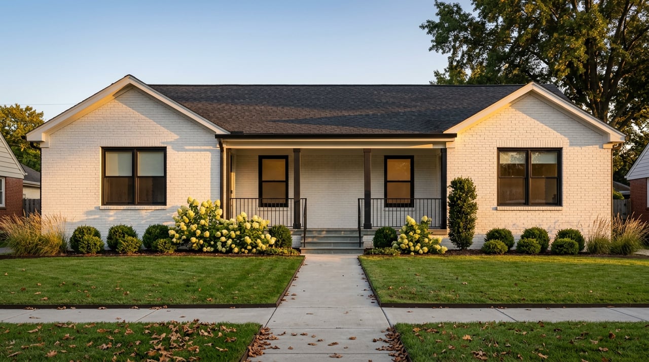 White-brick home with black-framed windows, a covered porch, and manicured landscaping beneath a broad oak tree.