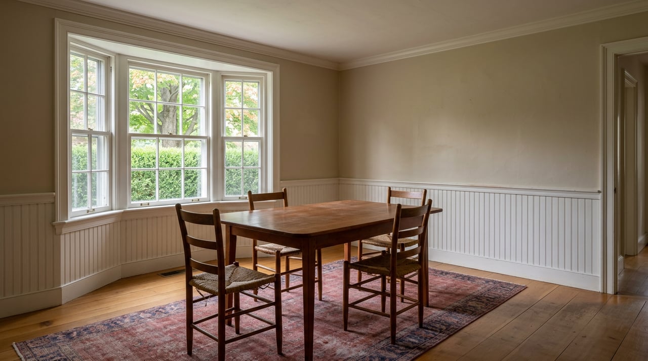 Formal dining room with white beadboard wainscoting, cherry table, rush-seated chairs, and a hedge and maple beyond the window.