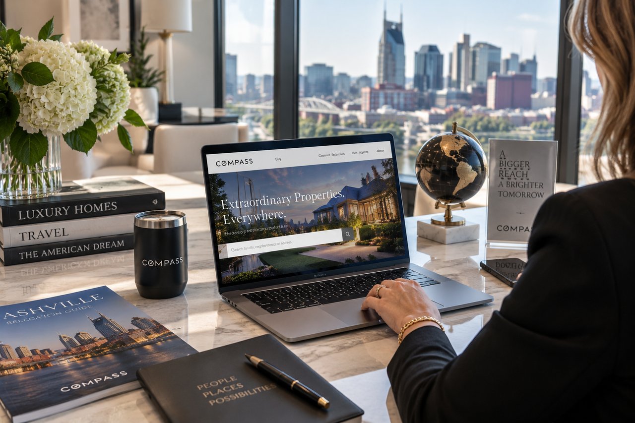 Luxury real estate professional using Compass digital marketing tools to connect with out-of-state buyers interested in luxury homes and relocation opportunities in Nashville, Tennessee.